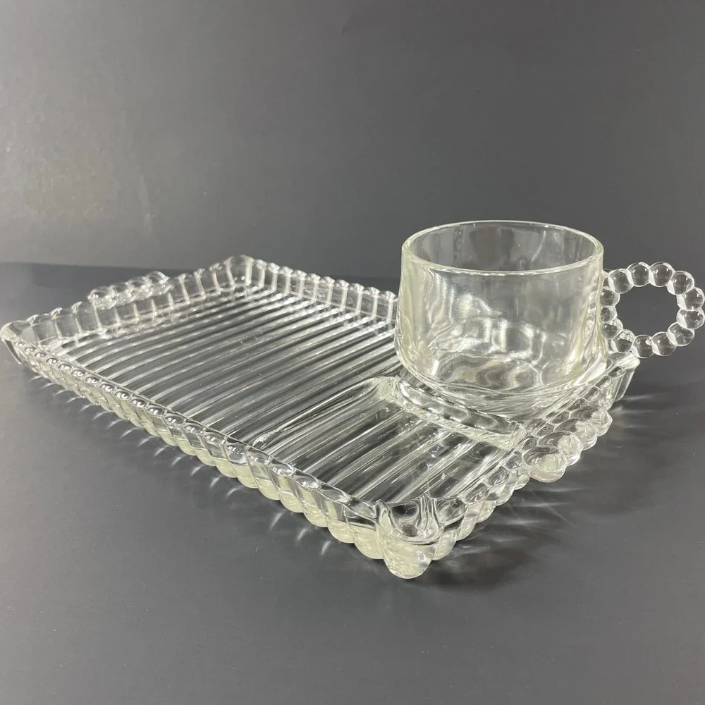 Vintage Glass Snack Set Tray and Cup Clear Beaded Bubble Handle Ribbed MCM